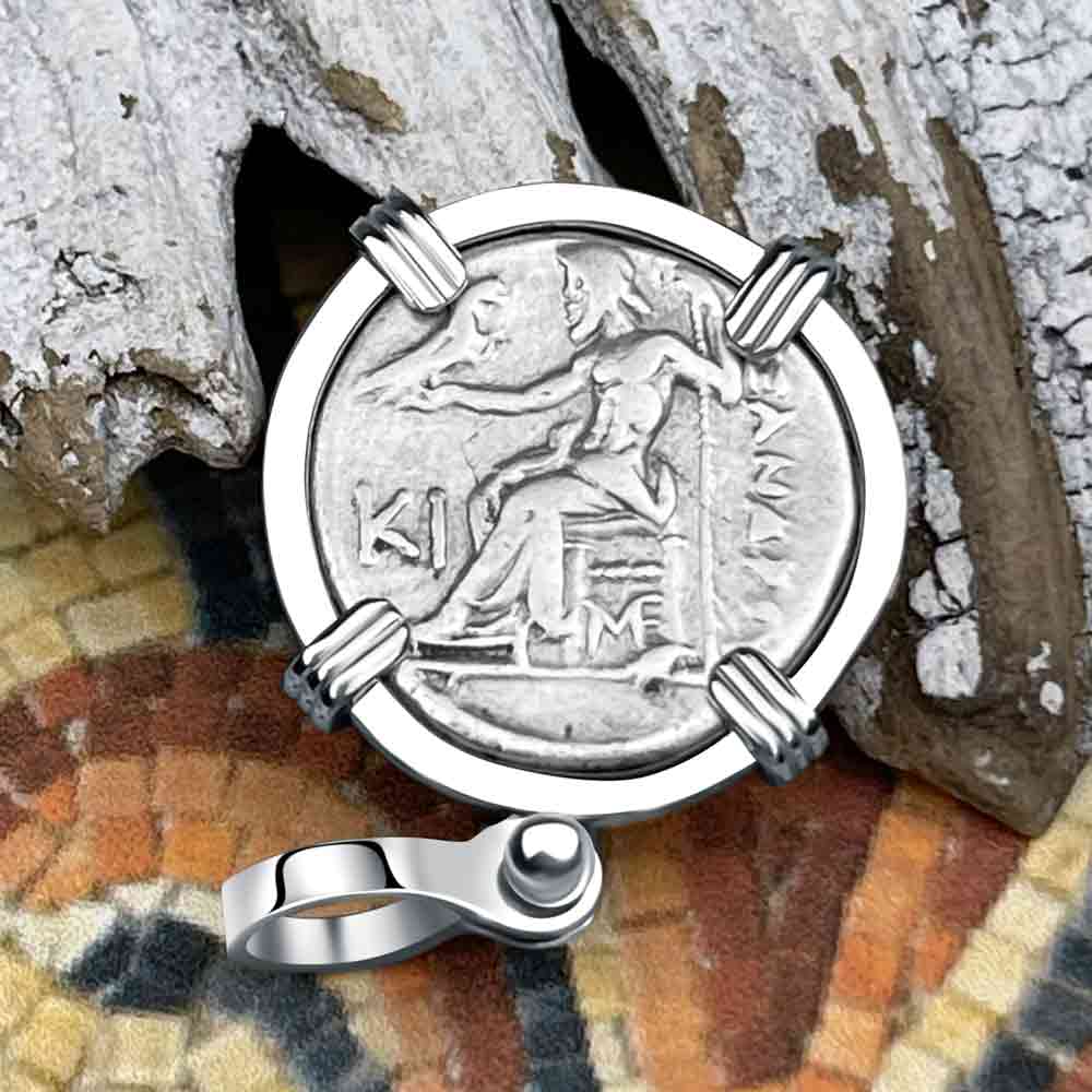 Ancient Greek Alexander the Great Silver Drachm Coin 14K White Gold Pendant