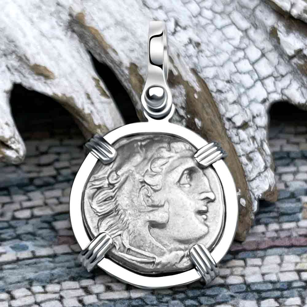 Ancient Greek Alexander the Great Silver Drachm Coin 14K White Gold Pendant