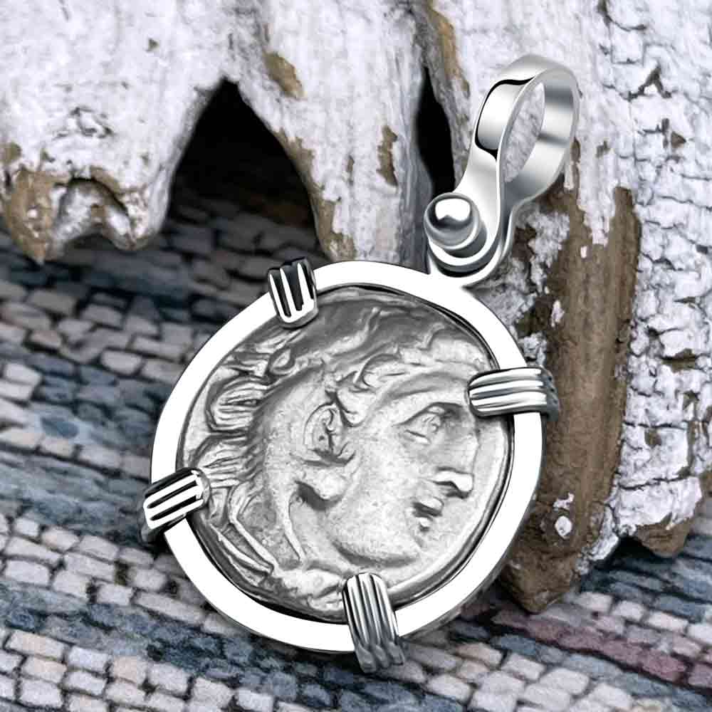 Ancient Greek Alexander the Great Silver Drachm Coin 14K White Gold Pendant