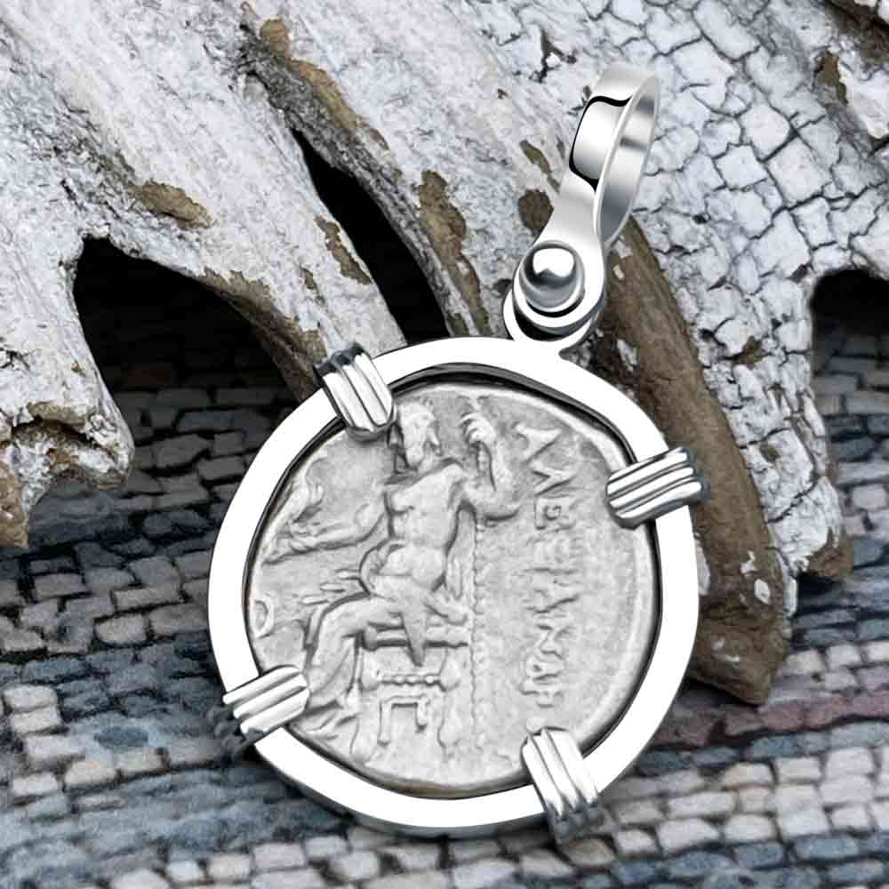 Ancient Greek Alexander the Great Silver Drachm Coin 14K White Gold Pendant