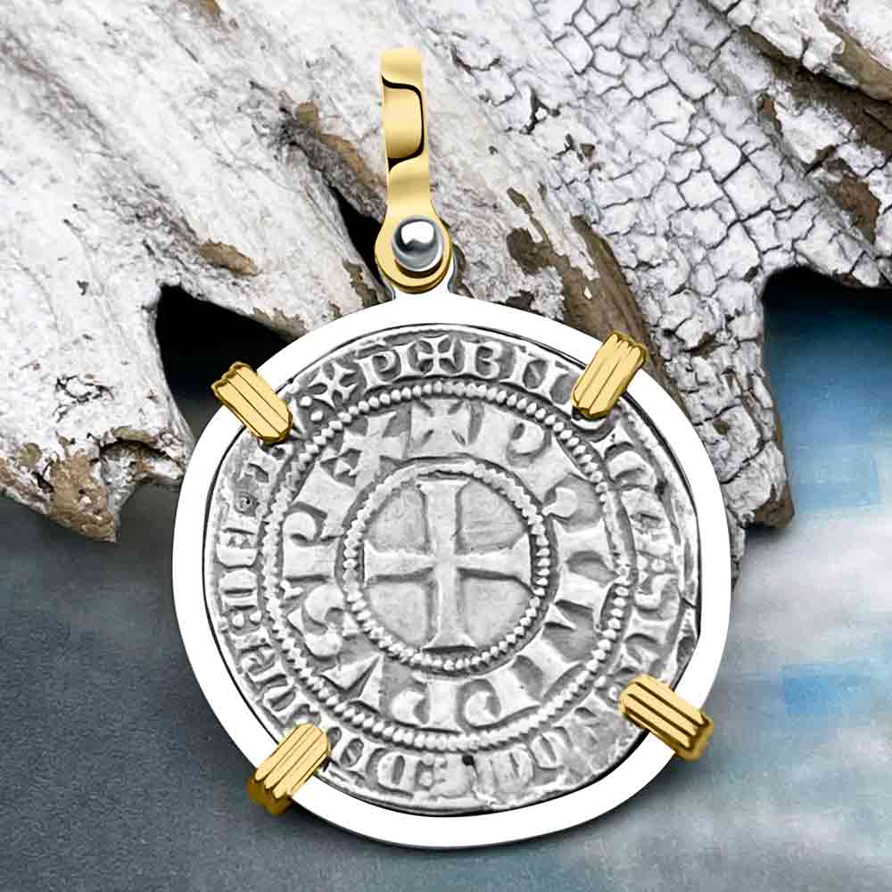 Templar Knights Era Medieval France Silver Gros Tournois circa 1290 Crusader Cross Coin 14K Gold and Silver Pendant