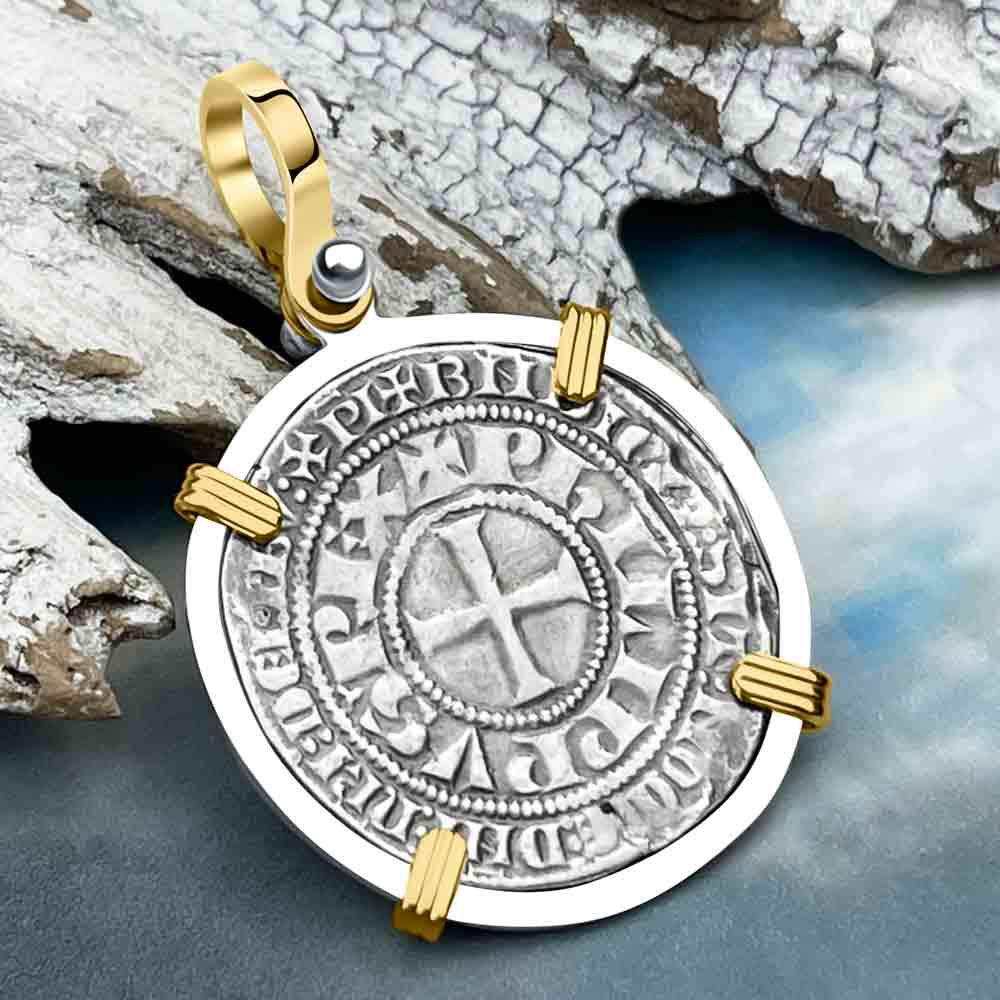 Templar Knights Era Medieval France Silver Gros Tournois circa 1290 Crusader Cross Coin 14K Gold and Silver Pendant