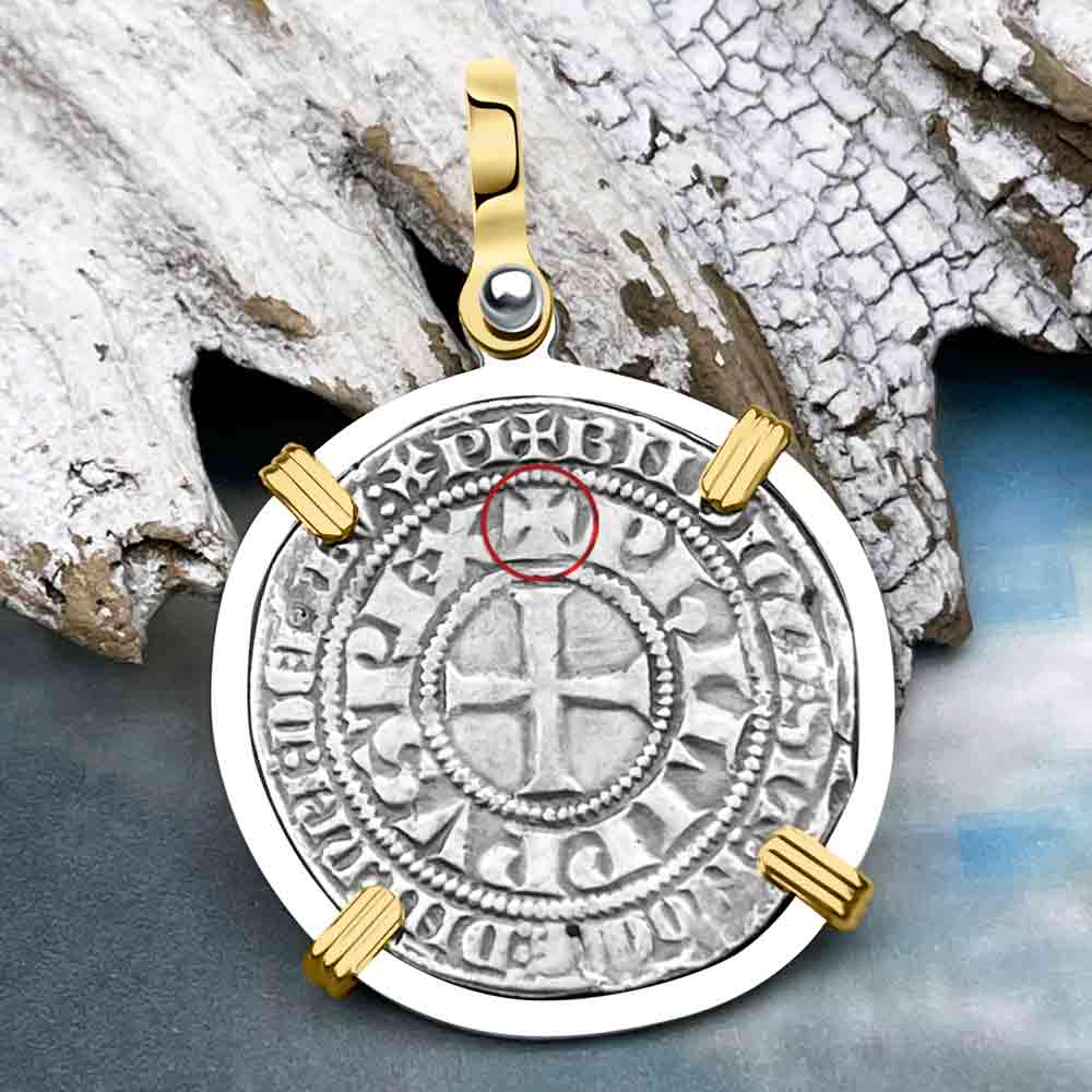 Templar Knights Era Medieval France Silver Gros Tournois circa 1290 Crusader Cross Coin 14K Gold and Silver Pendant