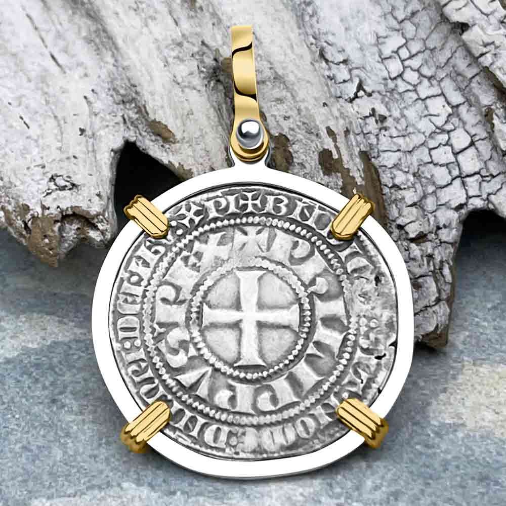 Templar Knights Era Medieval France Silver Gros Tournois circa 1290 Crusader Cross Coin 14K Gold and Silver Pendant