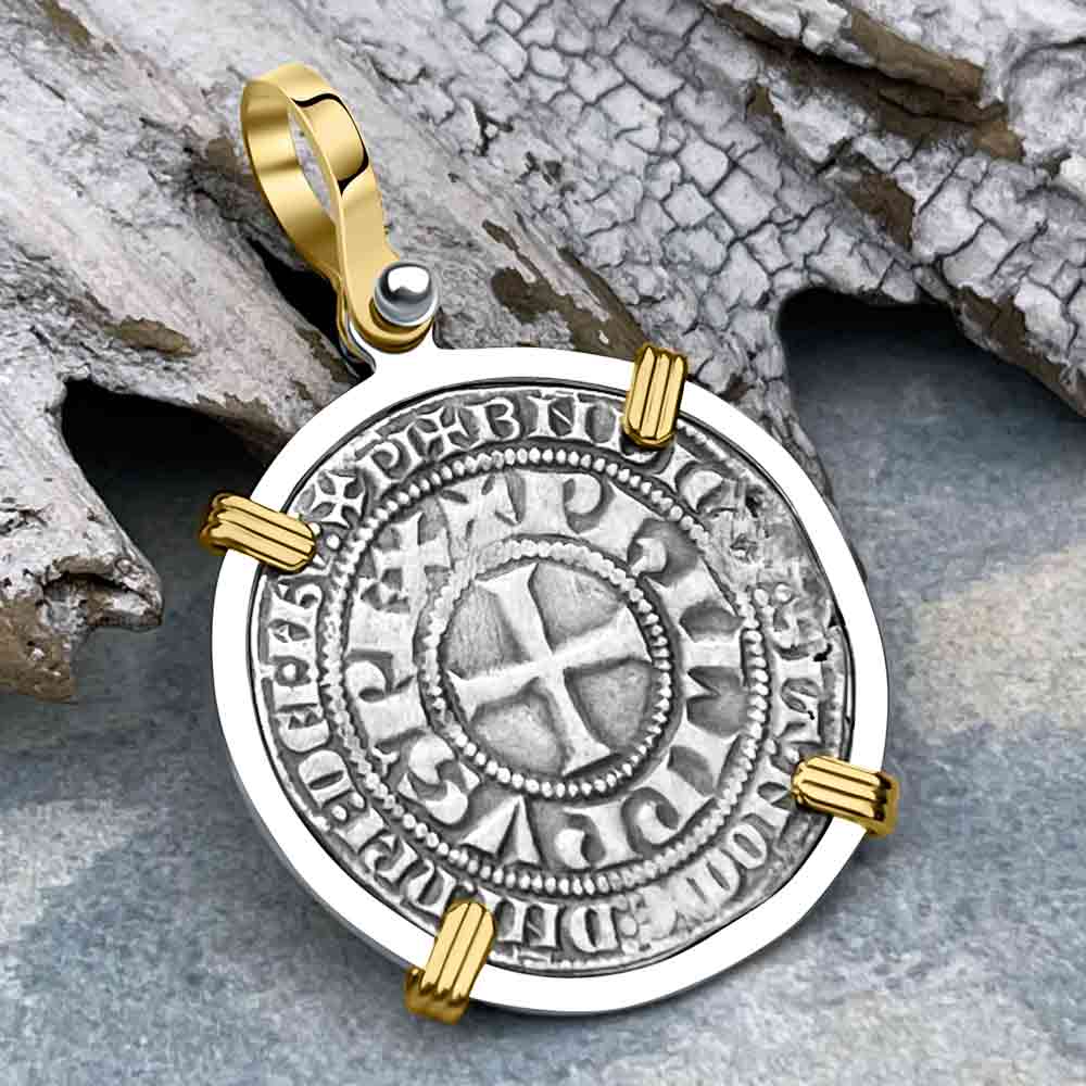 Templar Knights Era Medieval France Silver Gros Tournois circa 1290 Crusader Cross Coin 14K Gold and Silver Pendant