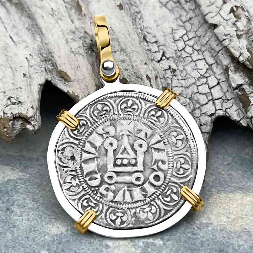 Templar Knights Era Medieval France Silver Gros Tournois circa 1290 Crusader Cross Coin 14K Gold and Silver Pendant