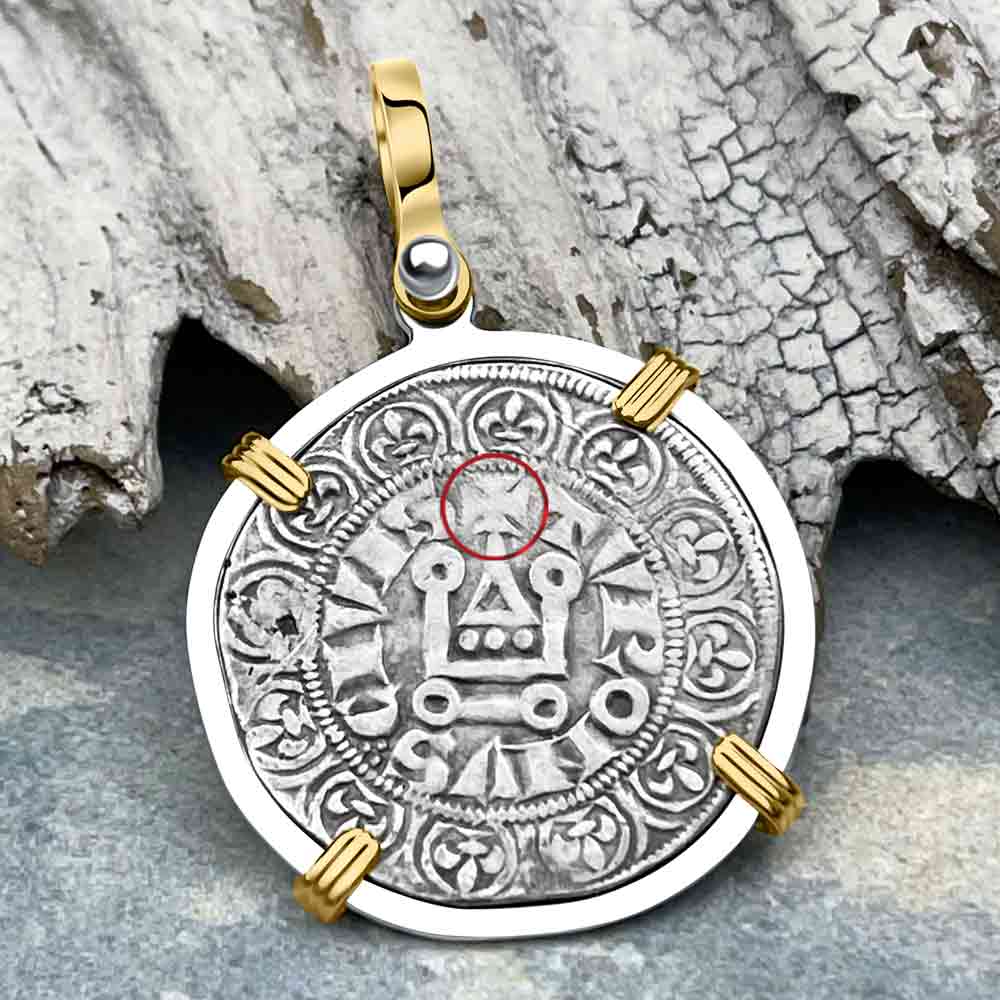 Templar Knights Era Medieval France Silver Gros Tournois circa 1290 Crusader Cross Coin 14K Gold and Silver Pendant