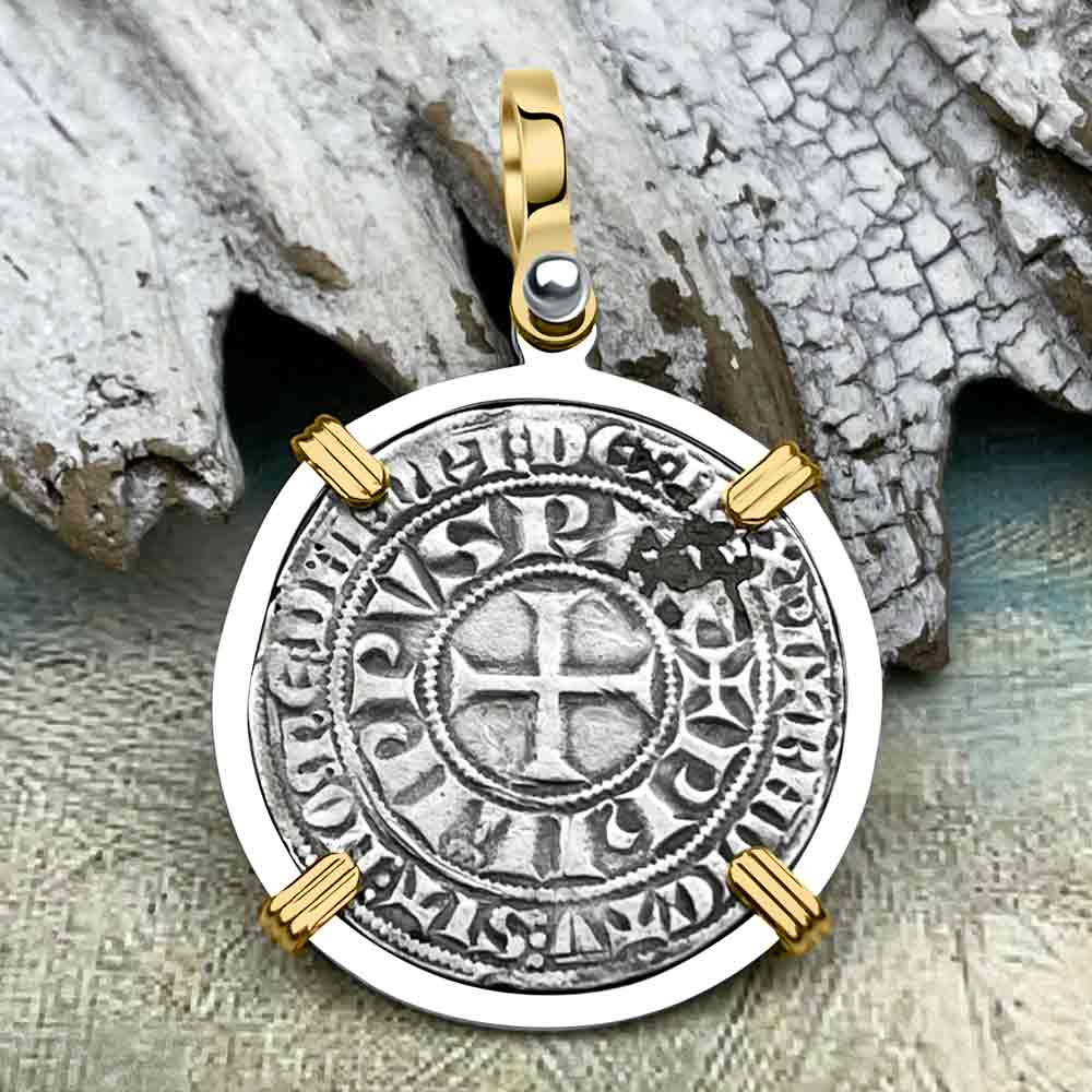 Templar Knights Era Medieval France Silver Gros Tournois circa 1290 Crusader Cross Coin 14K Gold and Silver Pendant