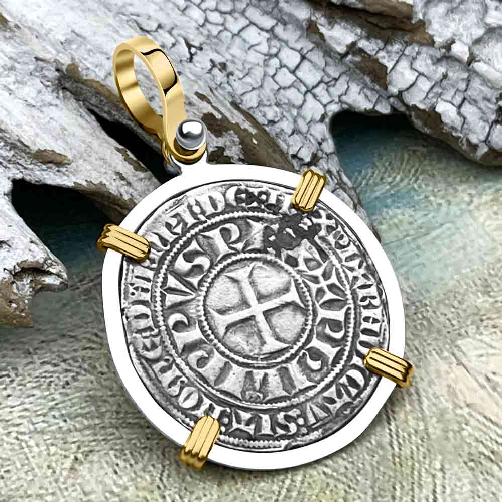 Templar Knights Era Medieval France Silver Gros Tournois circa 1290 Crusader Cross Coin 14K Gold and Silver Pendant