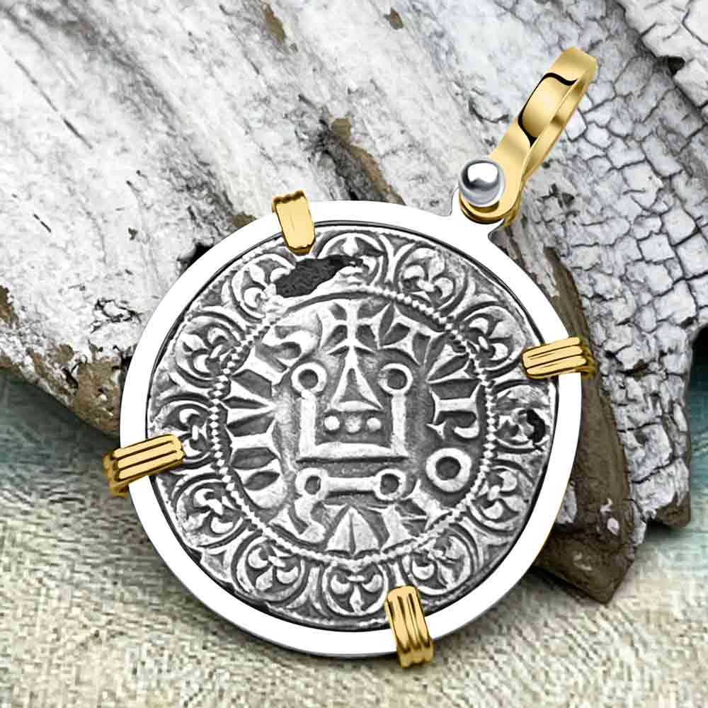 Templar Knights Era Medieval France Silver Gros Tournois circa 1290 Crusader Cross Coin 14K Gold and Silver Pendant