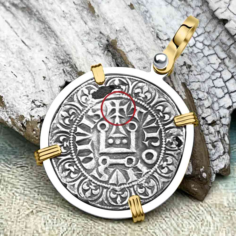 Templar Knights Era Medieval France Silver Gros Tournois circa 1290 Crusader Cross Coin 14K Gold and Silver Pendant