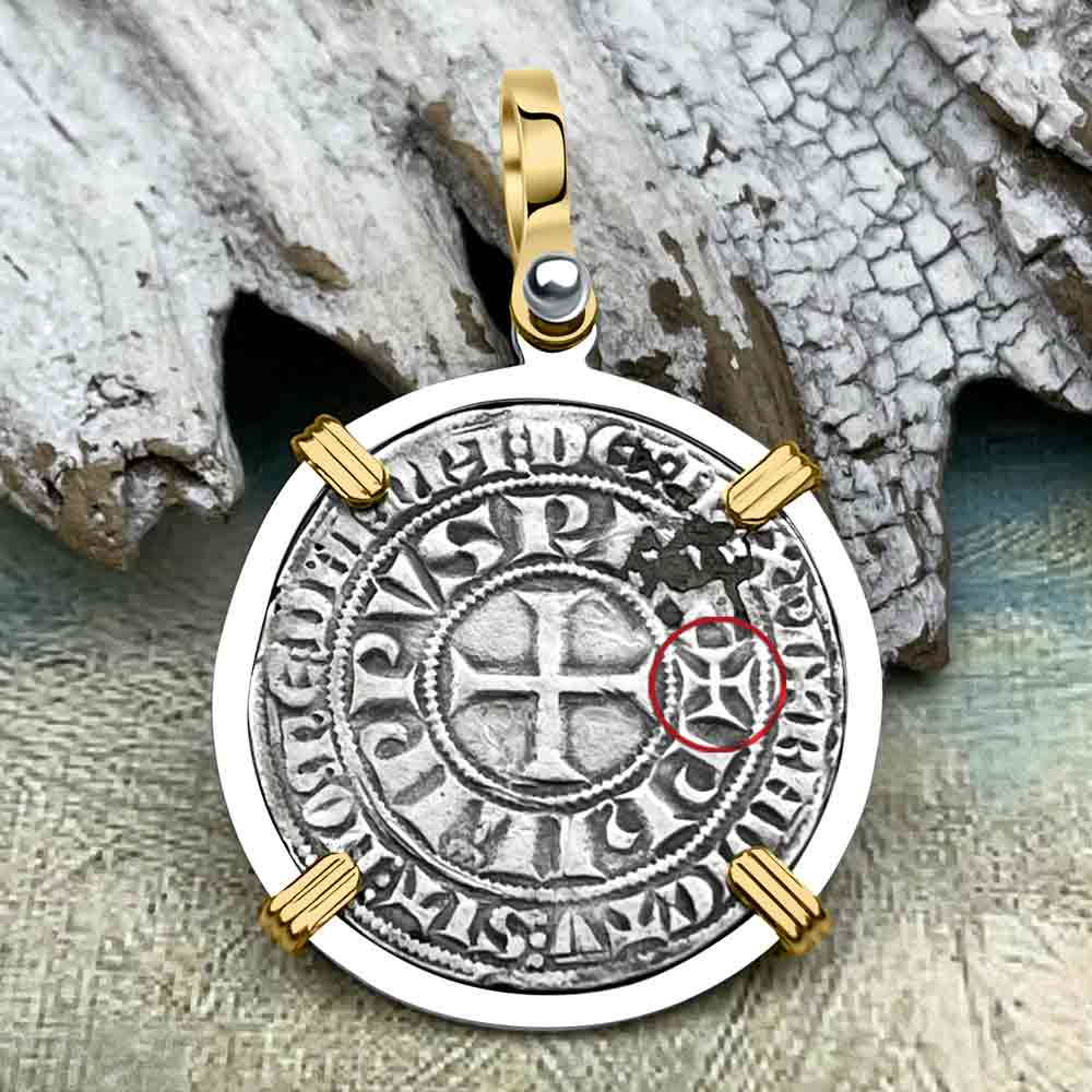 Templar Knights Era Medieval France Silver Gros Tournois circa 1290 Crusader Cross Coin 14K Gold and Silver Pendant