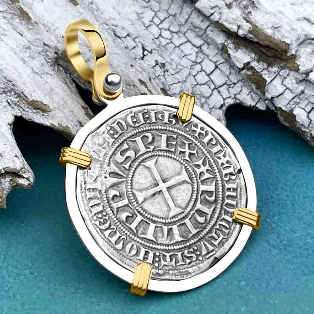 Templar Knights Era Medieval France Silver Gros Tournois circa 1290 Crusader Cross Coin 14K Gold and Silver Pendant