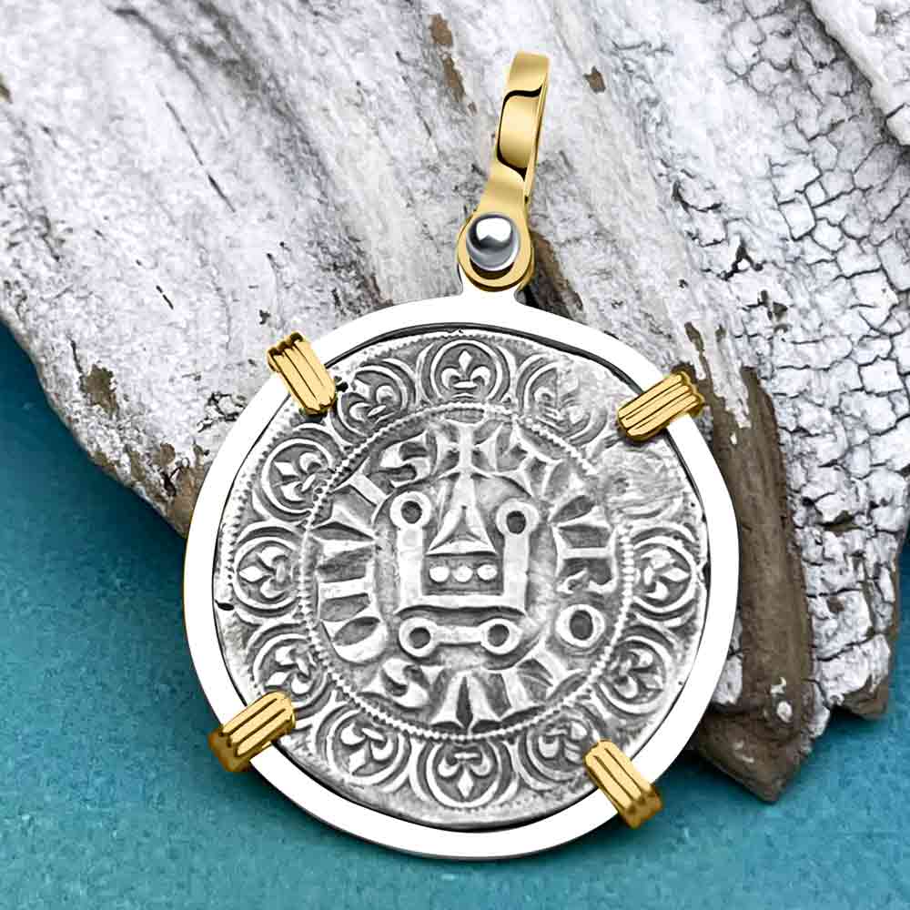 Templar Knights Era Medieval France Silver Gros Tournois circa 1290 Crusader Cross Coin 14K Gold and Silver Pendant