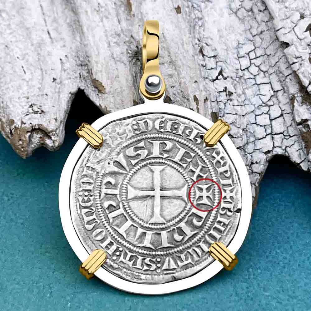 Templar Knights Era Medieval France Silver Gros Tournois circa 1290 Crusader Cross Coin 14K Gold and Silver Pendant