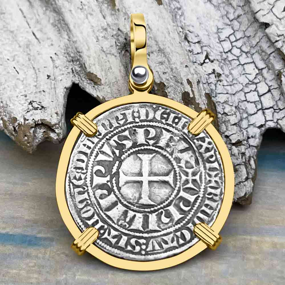 Templar Knights Era Medieval France Silver Gros Tournois circa 1290 Crusader Cross Coin 14K Gold Pendant