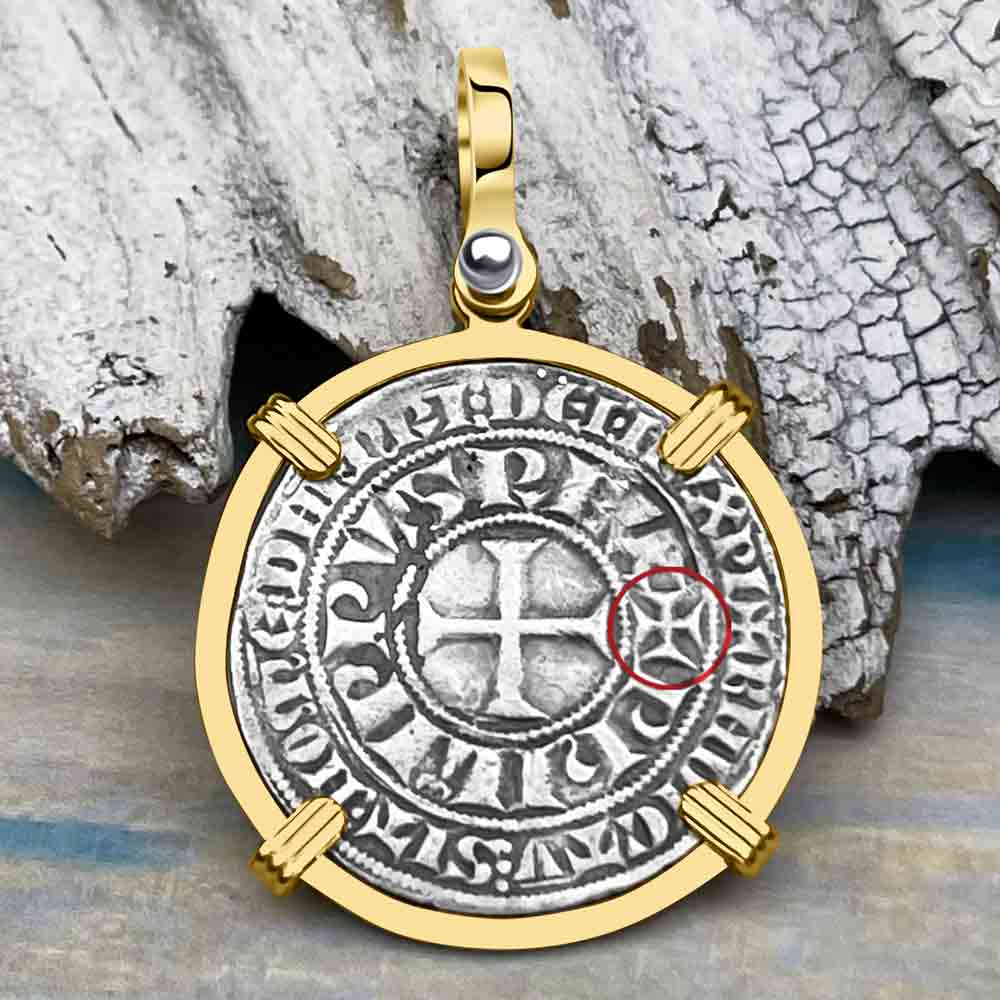 Templar Knights Era Medieval France Silver Gros Tournois circa 1290 Crusader Cross Coin 14K Gold Pendant