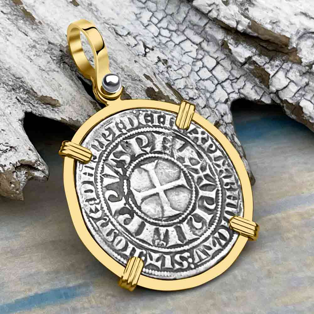 Templar Knights Era Medieval France Silver Gros Tournois circa 1290 Crusader Cross Coin 14K Gold Pendant