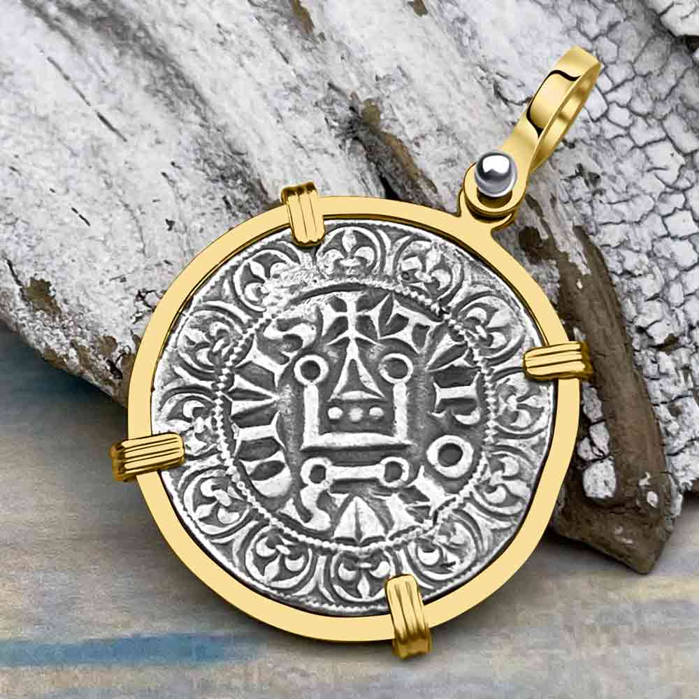 Templar Knights Era Medieval France Silver Gros Tournois circa 1290 Crusader Cross Coin 14K Gold Pendant