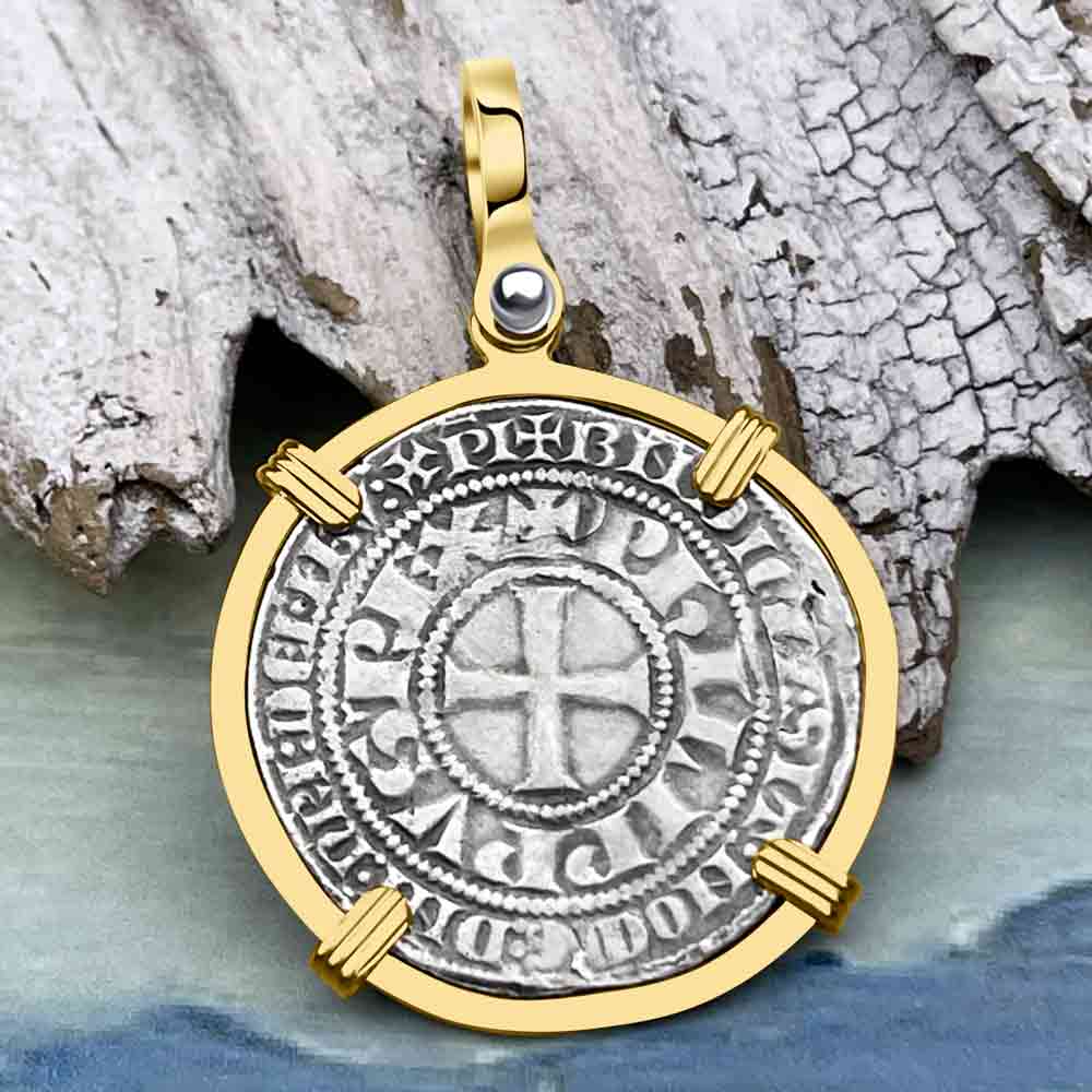 Templar Knights Era Medieval France Silver Gros Tournois circa 1290 Crusader Cross Coin 14K Gold Pendant