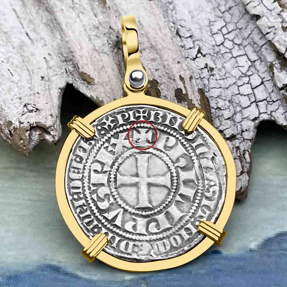 Templar Knights Era Medieval France Silver Gros Tournois circa 1290 Crusader Cross Coin 14K Gold Pendant