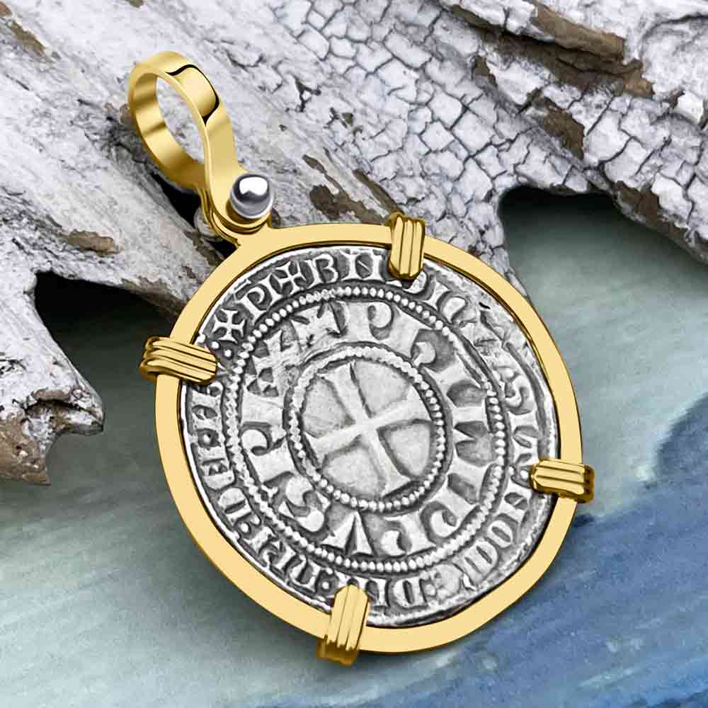 Templar Knights Era Medieval France Silver Gros Tournois circa 1290 Crusader Cross Coin 14K Gold Pendant