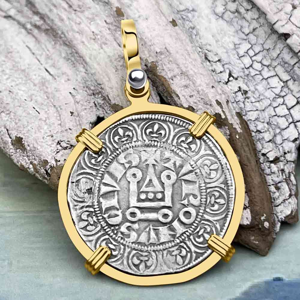 Templar Knights Era Medieval France Silver Gros Tournois circa 1290 Crusader Cross Coin 14K Gold Pendant