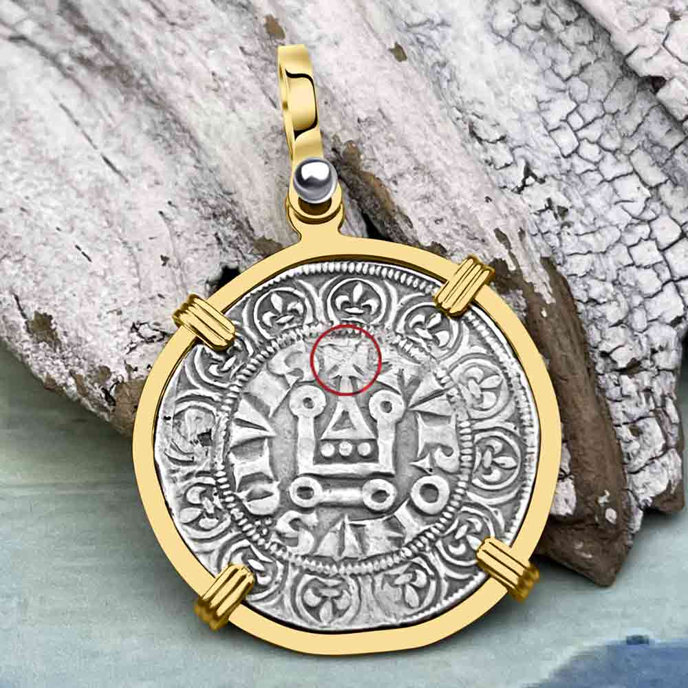 Templar Knights Era Medieval France Silver Gros Tournois circa 1290 Crusader Cross Coin 14K Gold Pendant