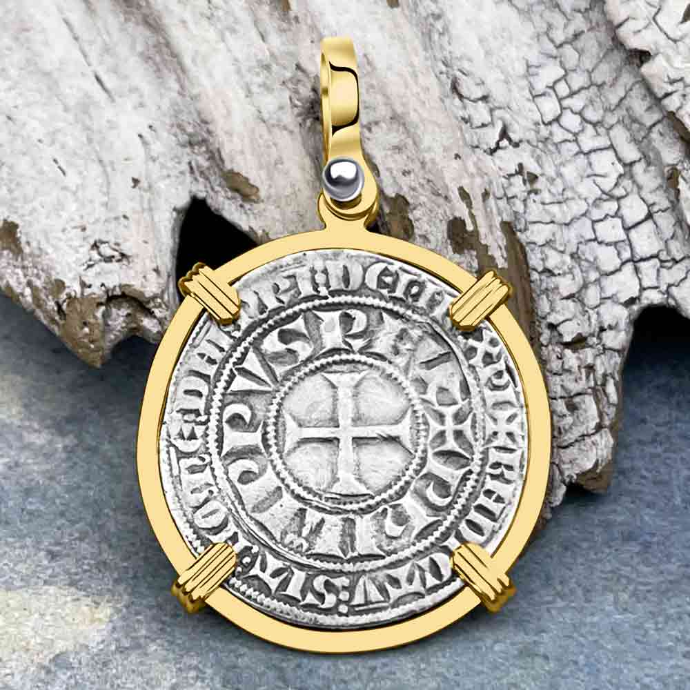 Templar Knights Era Medieval France Silver Gros Tournois circa 1290 Crusader Cross Coin 14K Gold Pendant