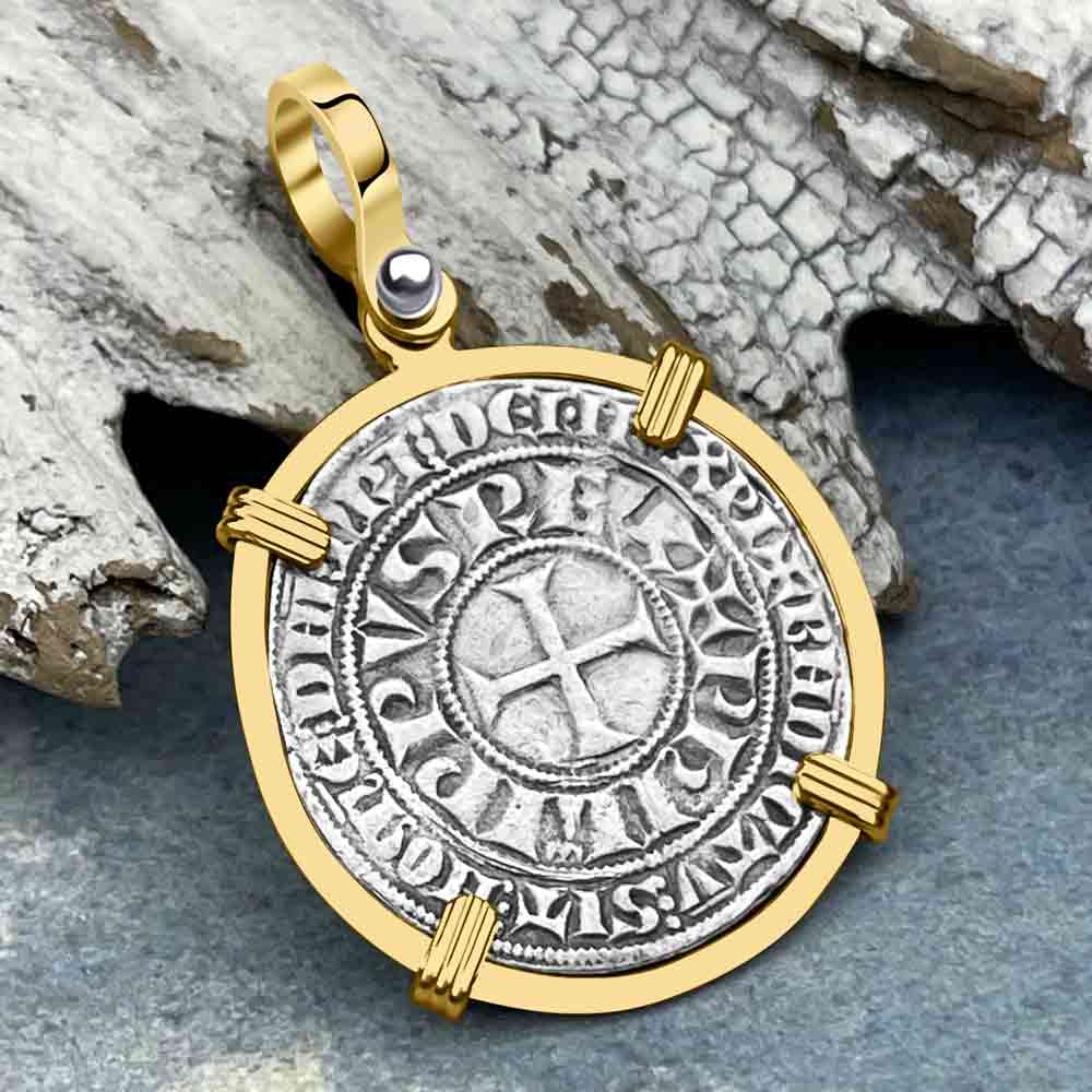 Templar Knights Era Medieval France Silver Gros Tournois circa 1290 Crusader Cross Coin 14K Gold Pendant