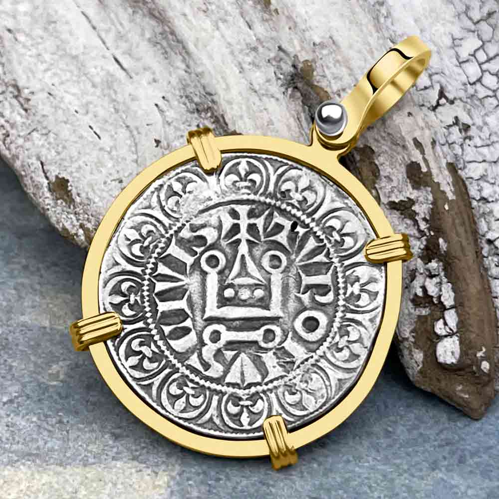 Templar Knights Era Medieval France Silver Gros Tournois circa 1290 Crusader Cross Coin 14K Gold Pendant