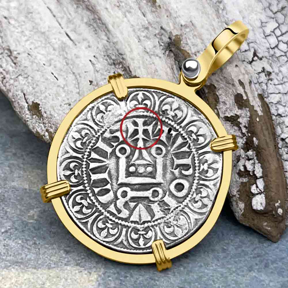 Templar Knights Era Medieval France Silver Gros Tournois circa 1290 Crusader Cross Coin 14K Gold Pendant