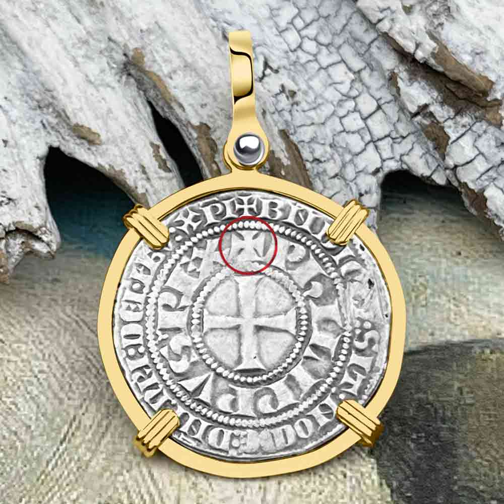 Templar Knights Era Medieval France Silver Gros Tournois circa 1290 Crusader Cross Coin 14K Gold Pendant