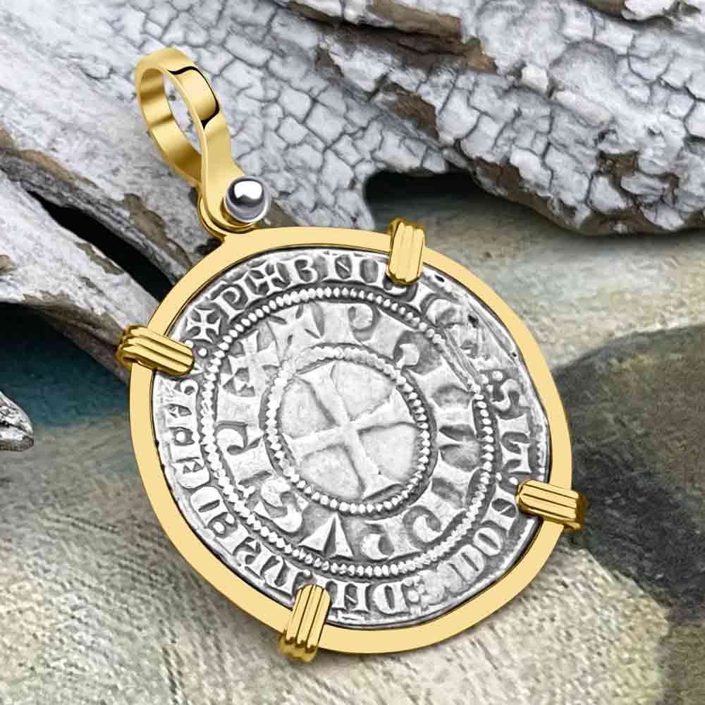 Templar Knights Era Medieval France Silver Gros Tournois circa 1290 Crusader Cross Coin 14K Gold Pendant