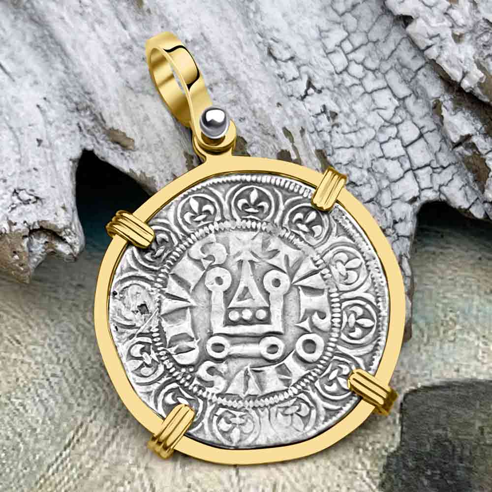 Templar Knights Era Medieval France Silver Gros Tournois circa 1290 Crusader Cross Coin 14K Gold Pendant