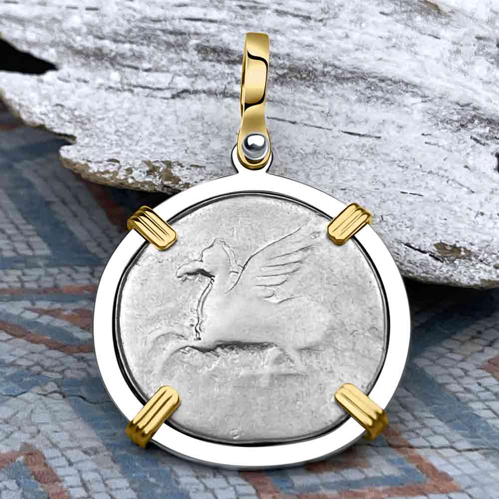 Ancient Greek Pegasus and Athena Silver Stater circa 350 – 240 BC 14K Gold &amp; Sterling Silver Pendant