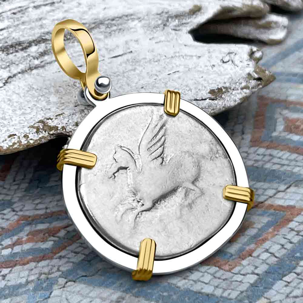 Ancient Greek Pegasus and Athena Silver Stater circa 350 – 240 BC 14K Gold &amp; Sterling Silver Pendant