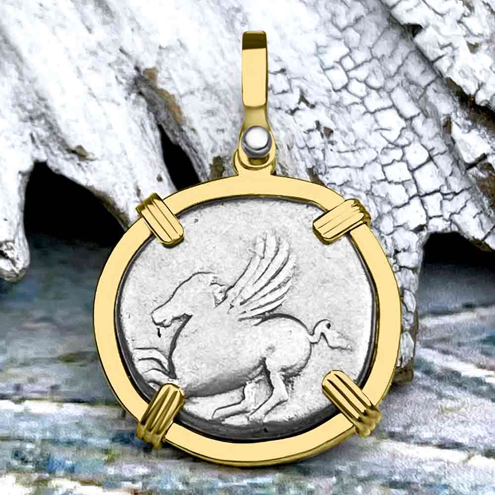 Ancient Greek Pegasus and Athena Silver Stater circa 350 – 240 BC 14K Gold Pendant