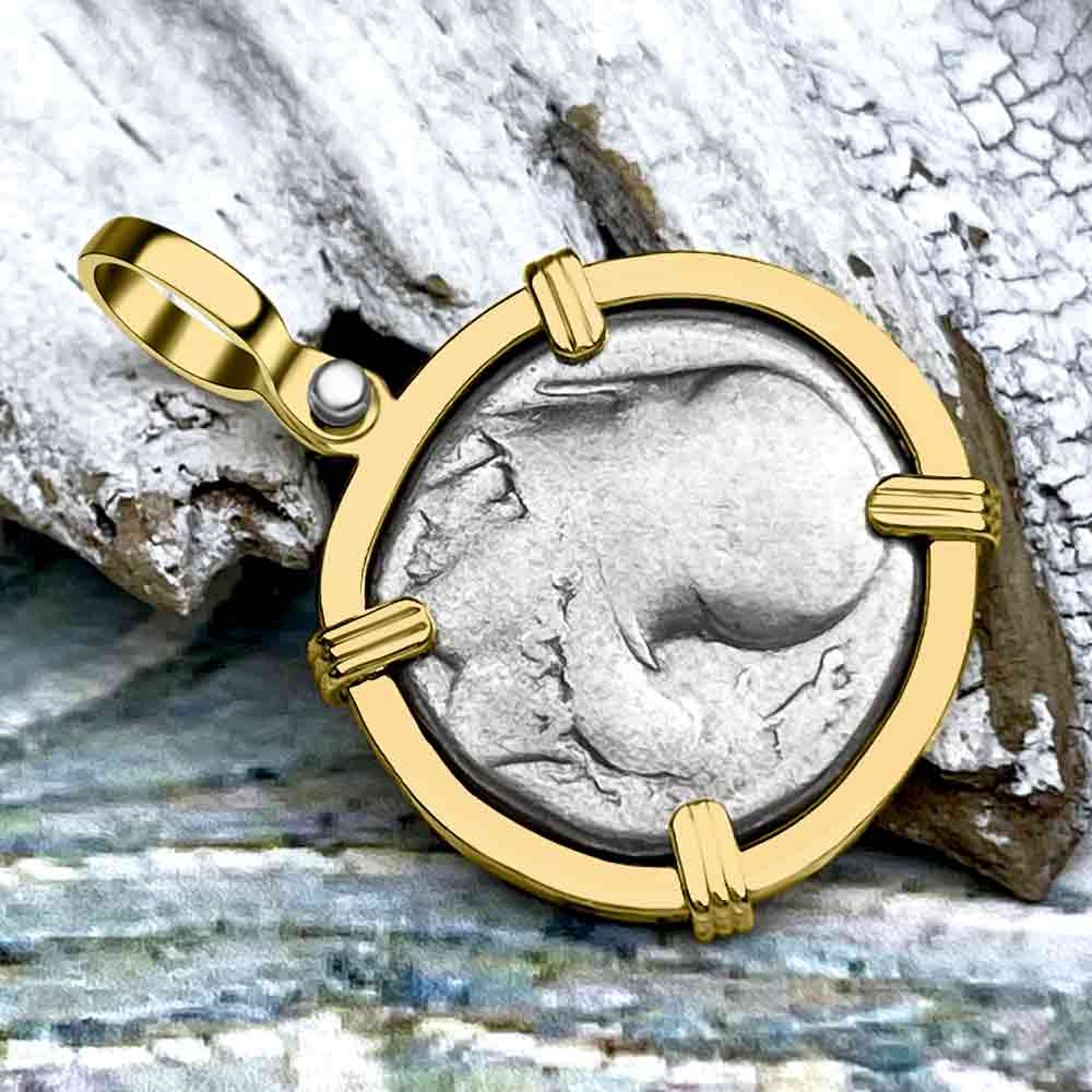 Ancient Greek Pegasus and Athena Silver Stater circa 350 – 240 BC 14K Gold Pendant