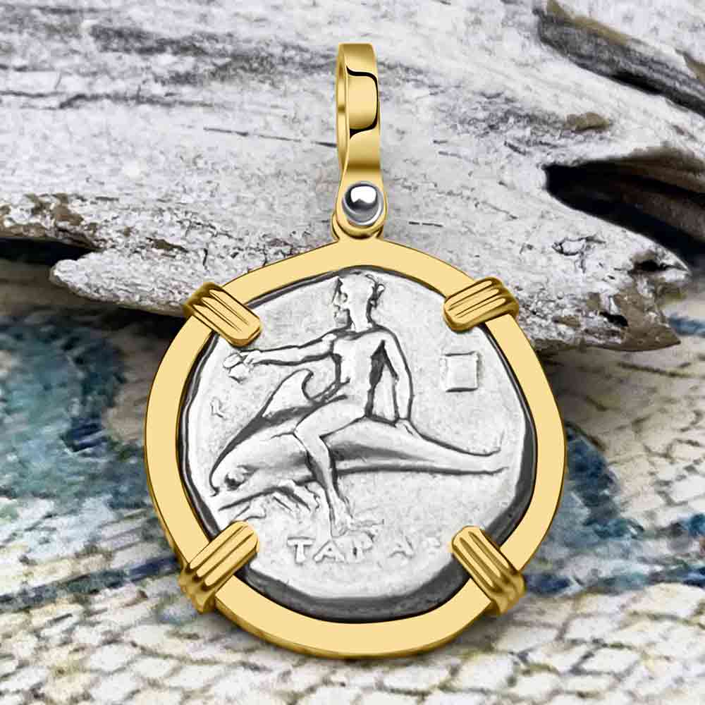 Ancient Greek Boy on the Dolphin Silver Nomos 344-235 BC Pendant in 14K Gold