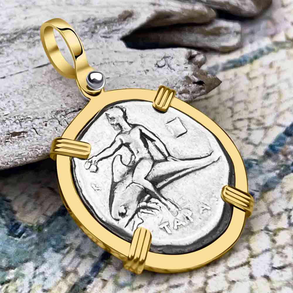 Ancient Greek Boy on the Dolphin Silver Nomos 344-235 BC Pendant in 14K Gold