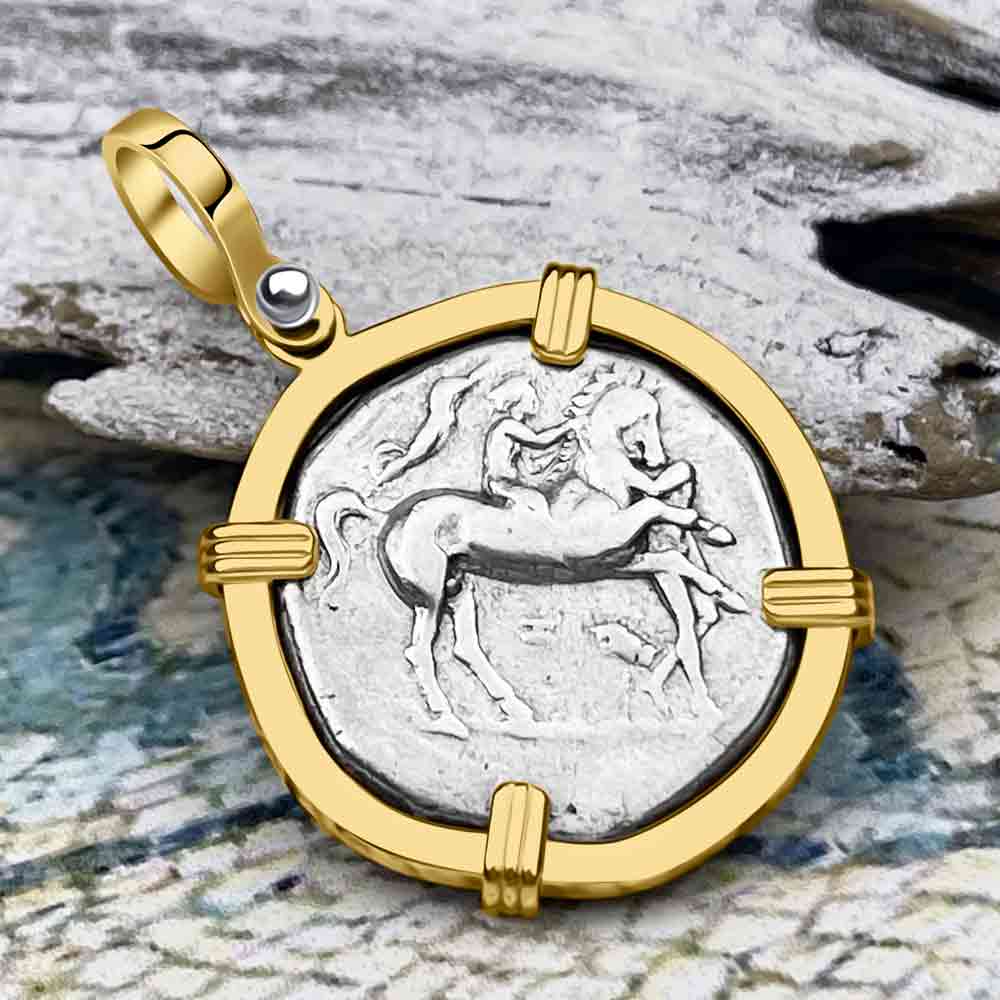 Ancient Greek Boy on the Dolphin Silver Nomos 344-235 BC Pendant in 14K Gold