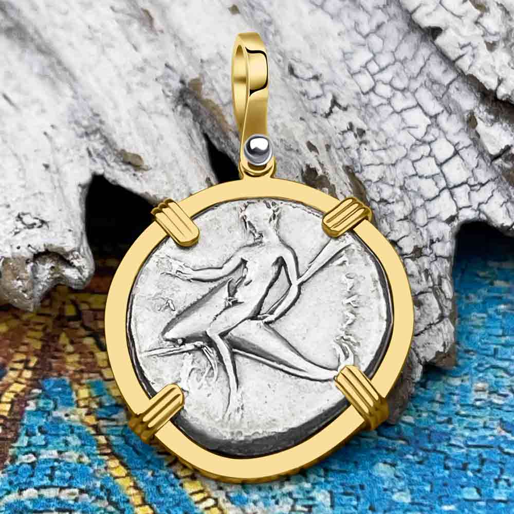 Ancient Greek Boy on the Dolphin Silver Nomos 344-235 BC Zero-Die Pendant in 14K Gold