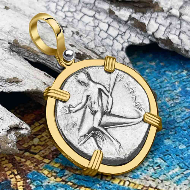 Ancient Greek Boy on the Dolphin Silver Nomos 344-235 BC Zero-Die Pendant in 14K Gold