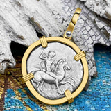 Ancient Greek Boy on the Dolphin Silver Nomos 344-235 BC Zero-Die Pendant in 14K Gold