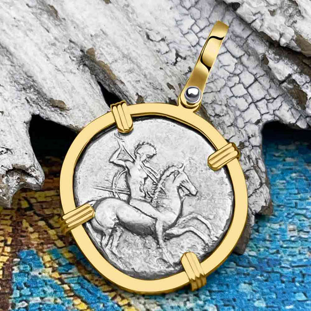 Ancient Greek Boy on the Dolphin Silver Nomos 344-235 BC Zero-Die Pendant in 14K Gold