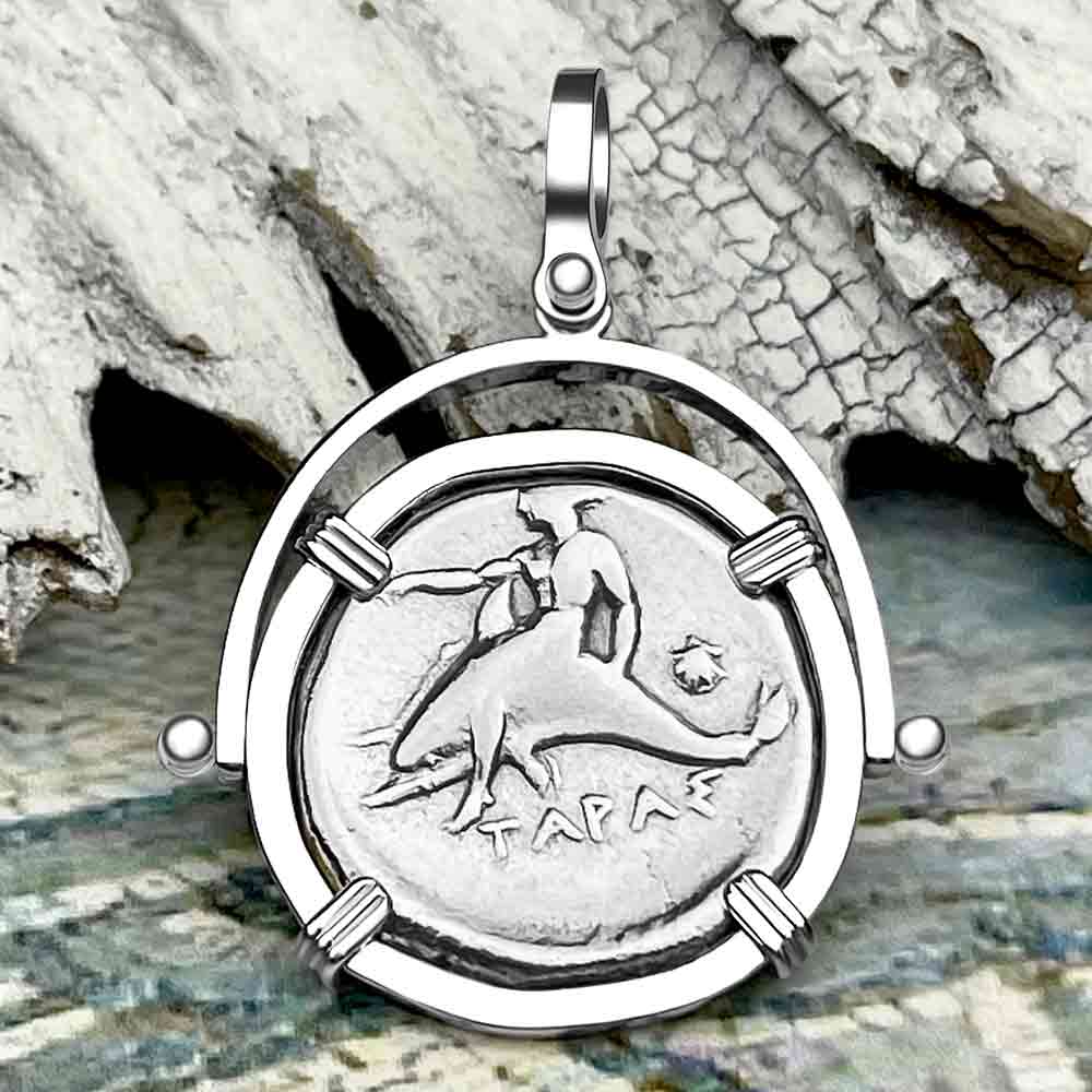 Ancient Greek Boy on the Dolphin Silver Nomos 344-235 BC Pendant in 14K White Gold