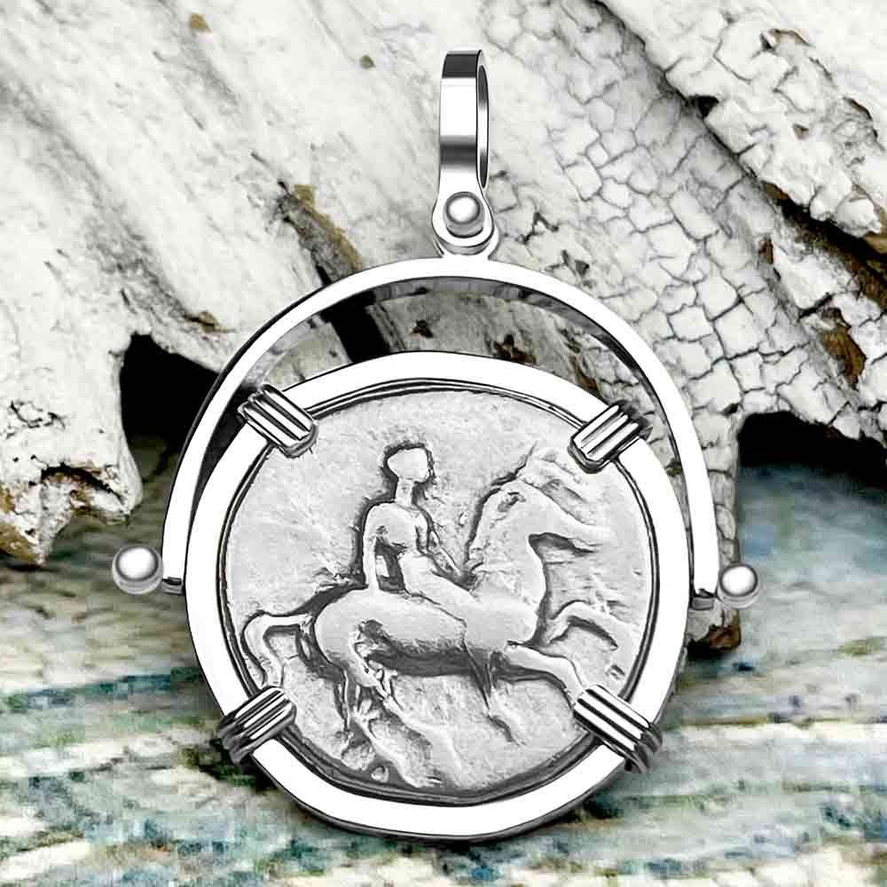 Ancient Greek Boy on the Dolphin Silver Nomos 344-235 BC Pendant in 14K White Gold