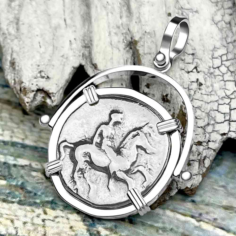 Ancient Greek Boy on the Dolphin Silver Nomos 344-235 BC Pendant in 14K White Gold