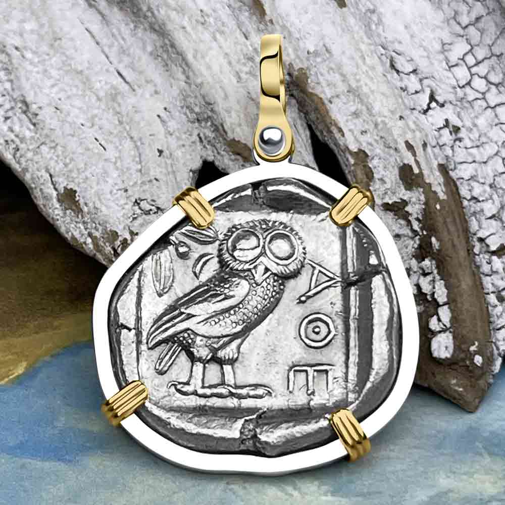 Ancient Greek Athena and the Owl Silver Tetradrachm circa 450 BC 14K Gold and Sterling Silver Pendant